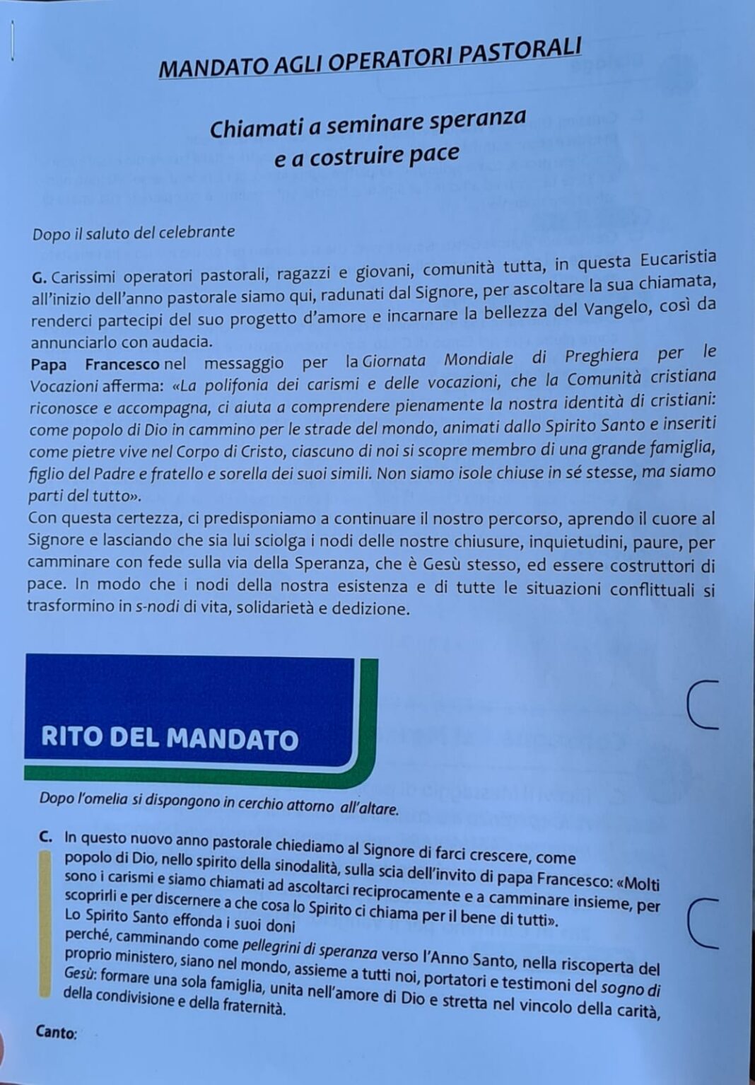 Nuovo Anno Pastorale:
 S. Messa di Inizio con Mandato agli Operatori della Pasto...