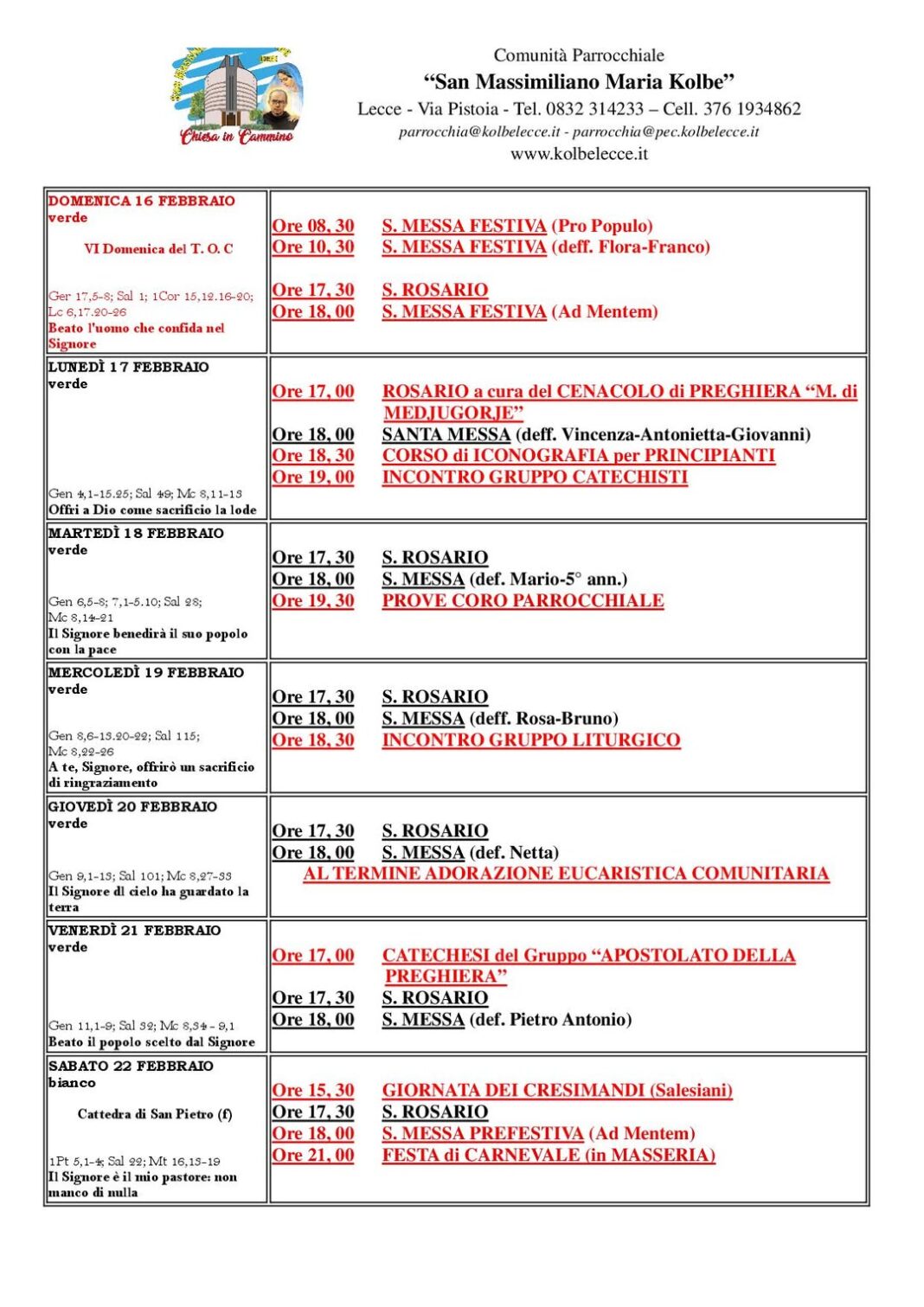 CALENDARIO LITURGICO: