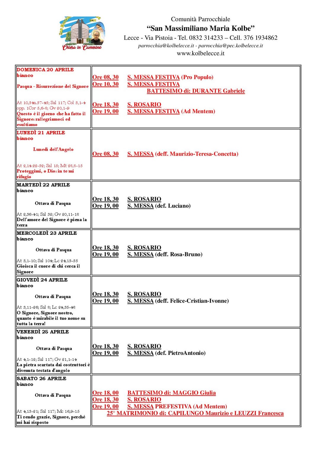 CALENDARIO LITURGICO: