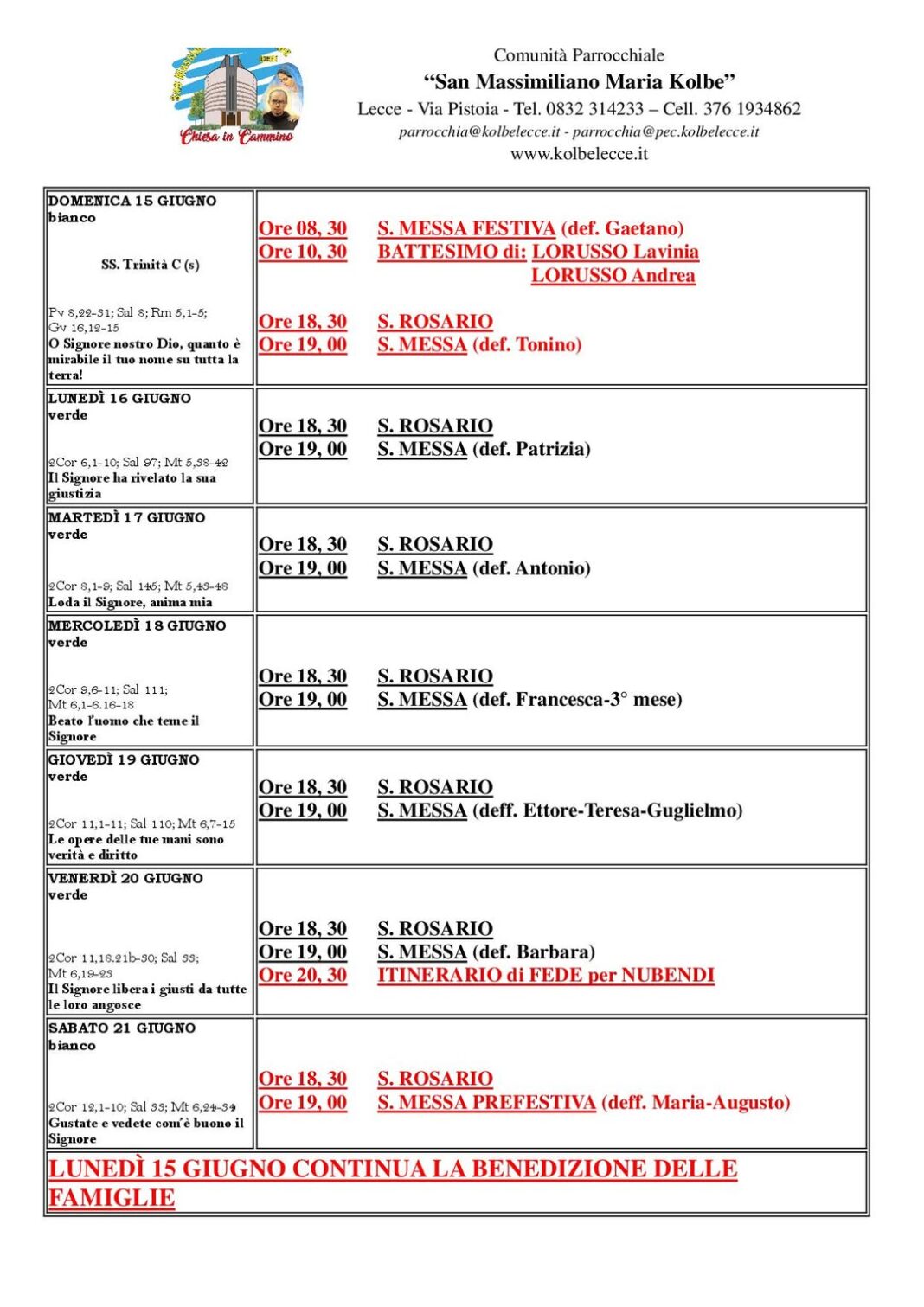 CALENDARIO LITURGICO: