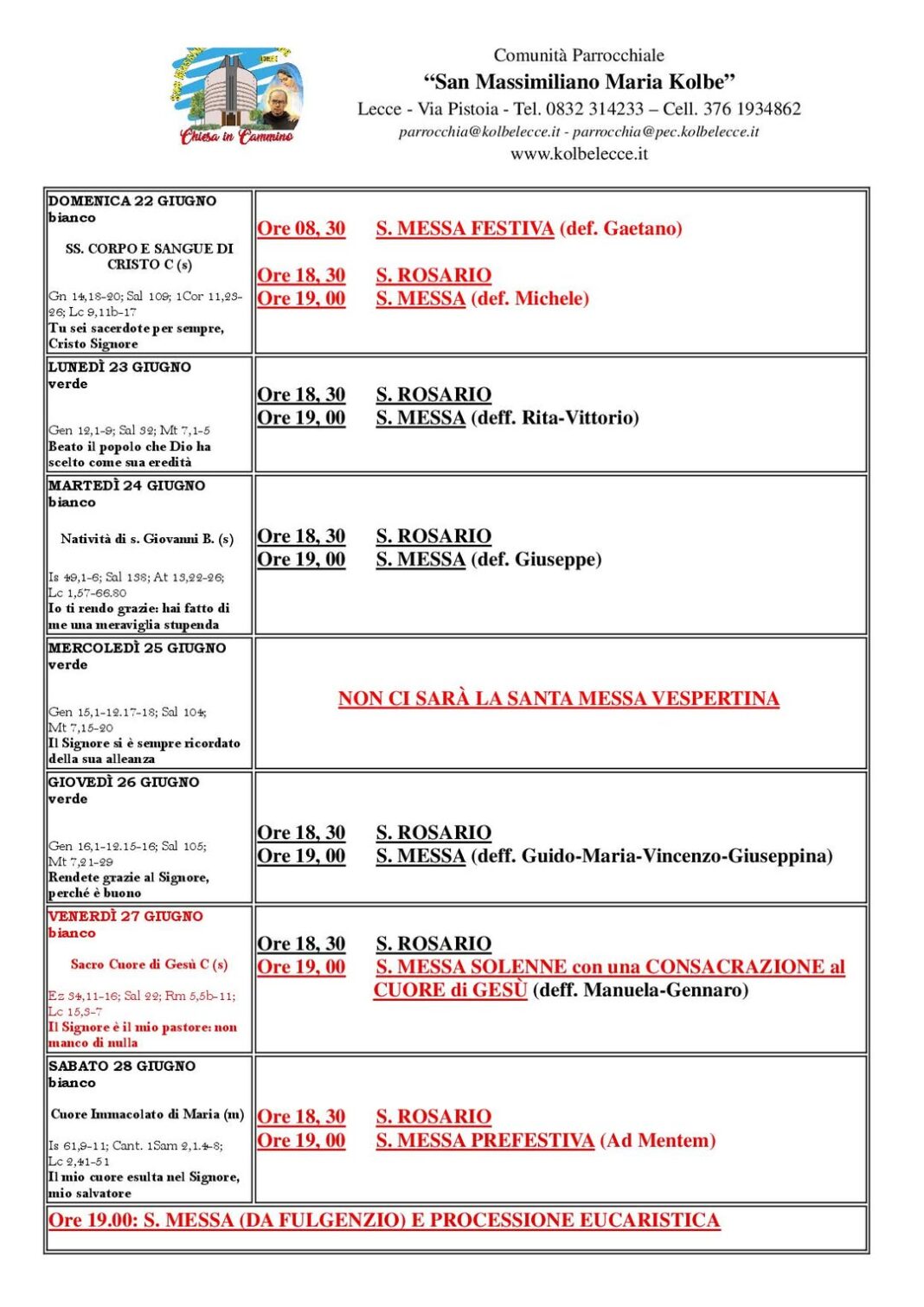CALENDARIO LITURGICO: