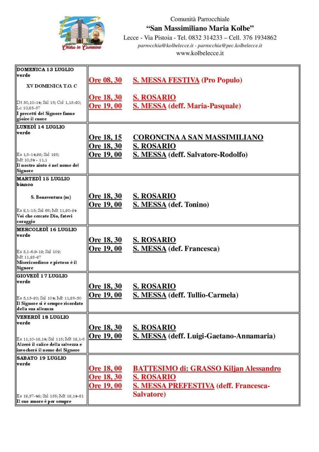 CALENDARIO LITURGICO: