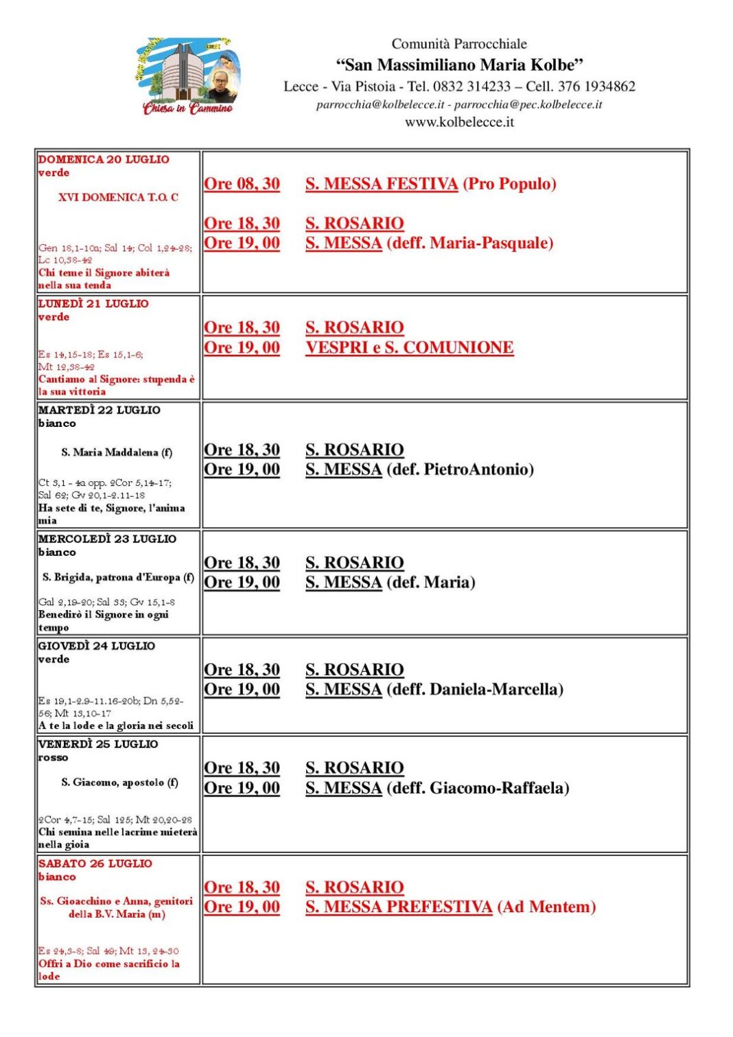 CALENDARIO LITURGICO: