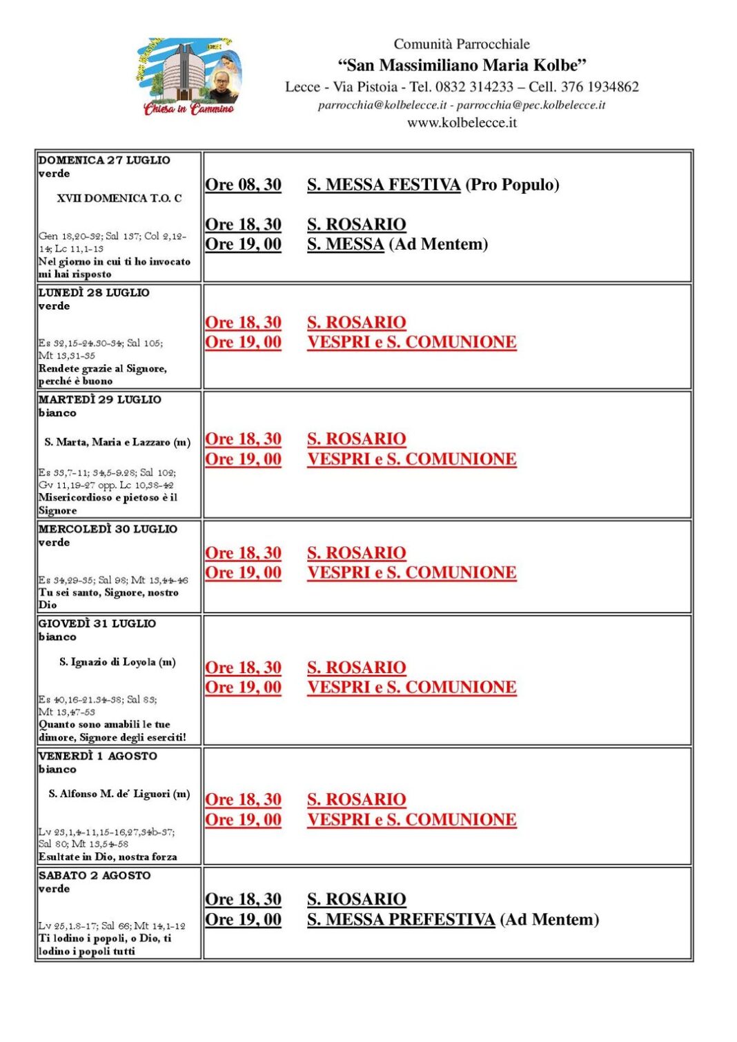 CALENDARIO LITURGICO: