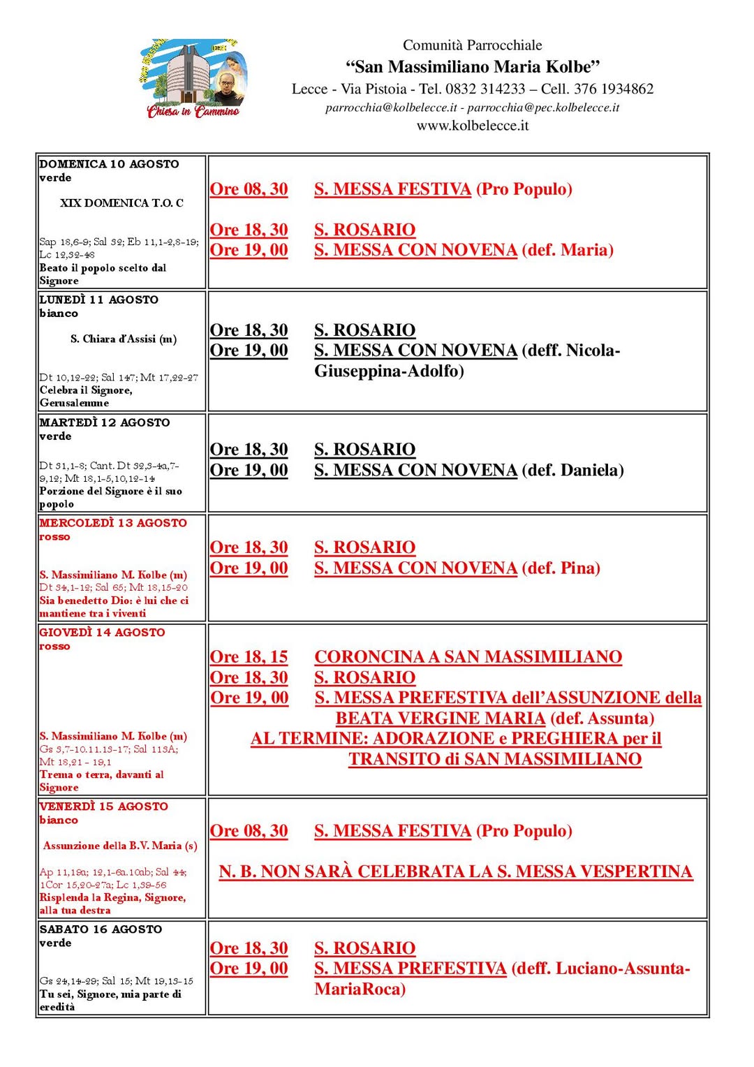 CALENDARIO LITURGICO: