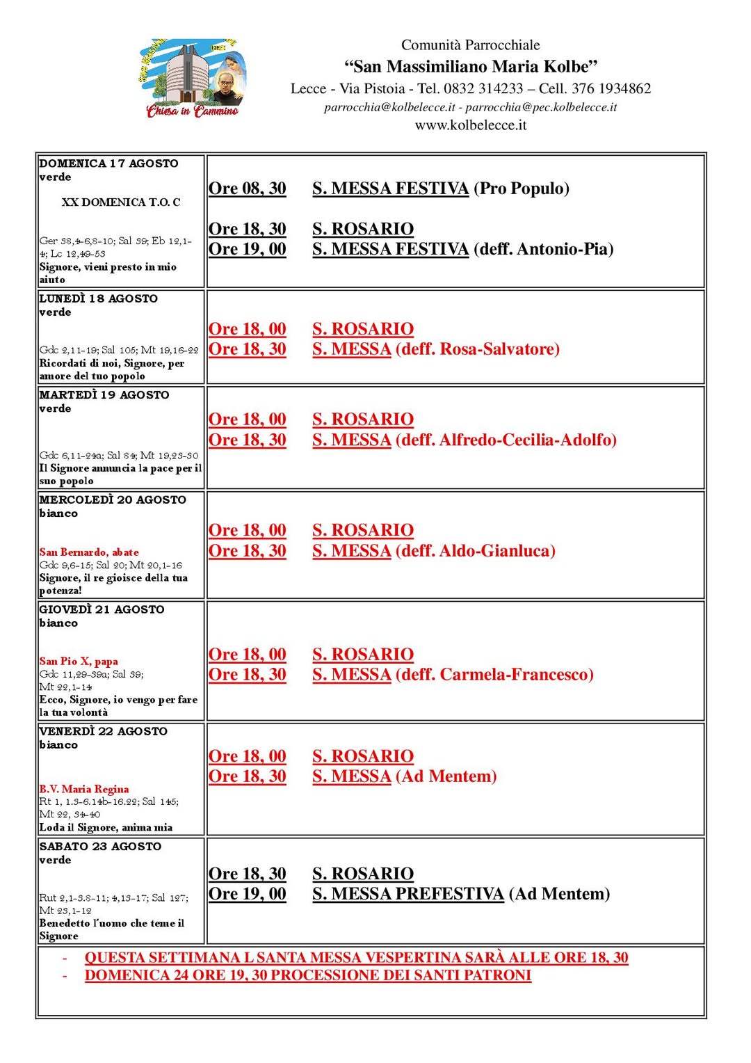 CALENDARIO LITURGICO: