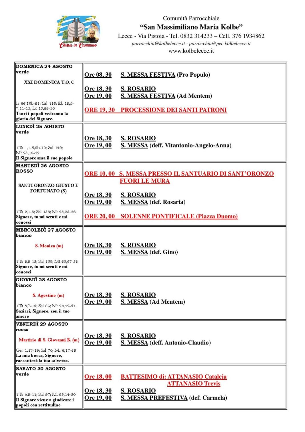 CALENDARIO LITURGICO: