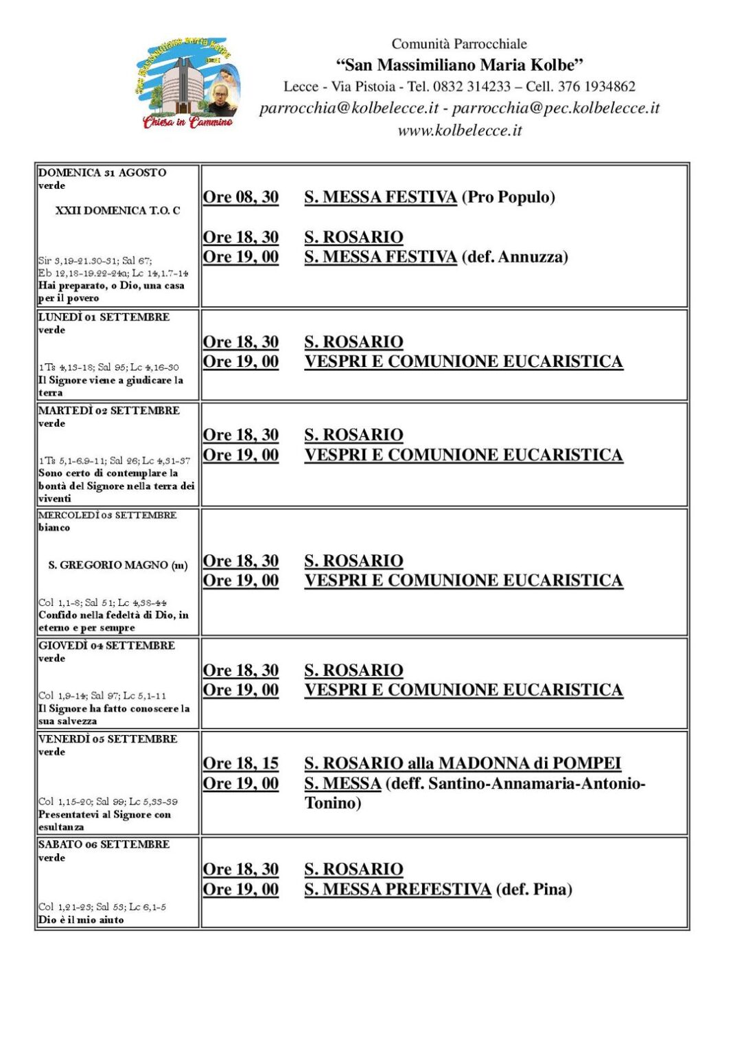CALENDARIO LITURGICO: