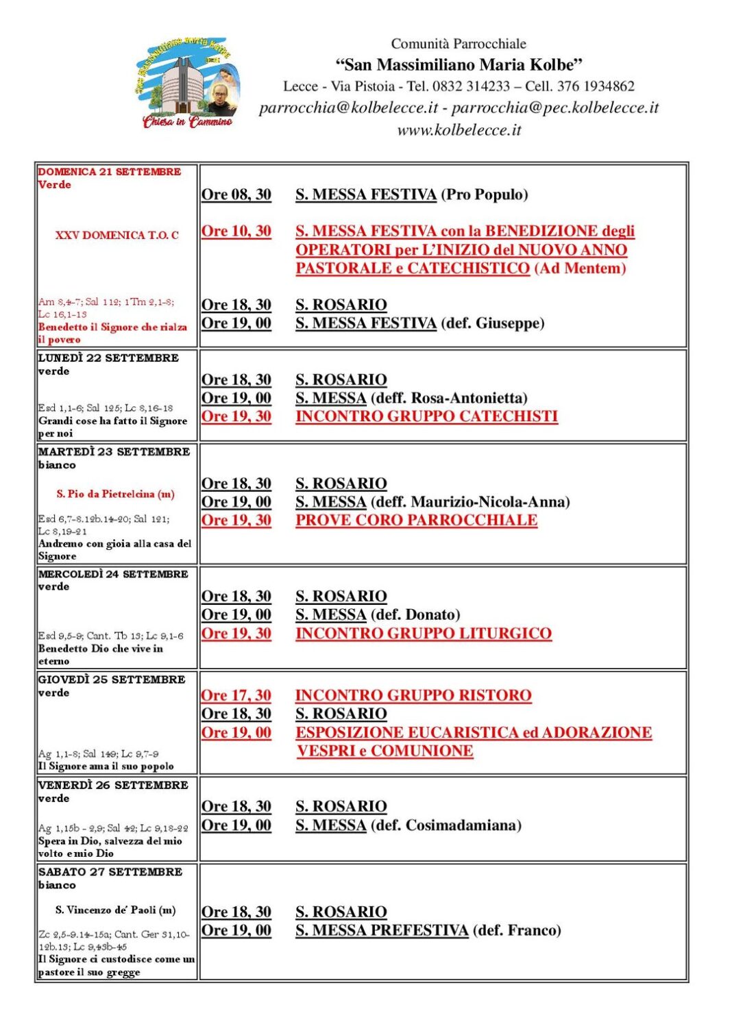 CALENDARIO LITURGICO:
