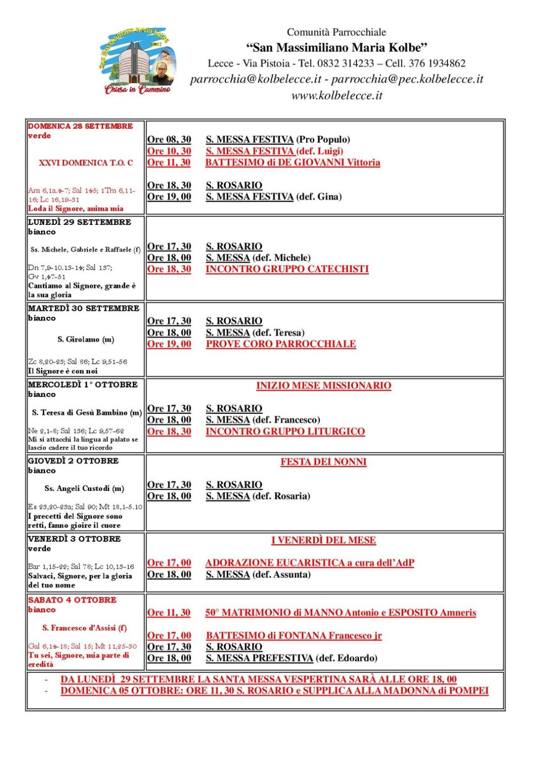 CALENDARIO LITURGICO:
