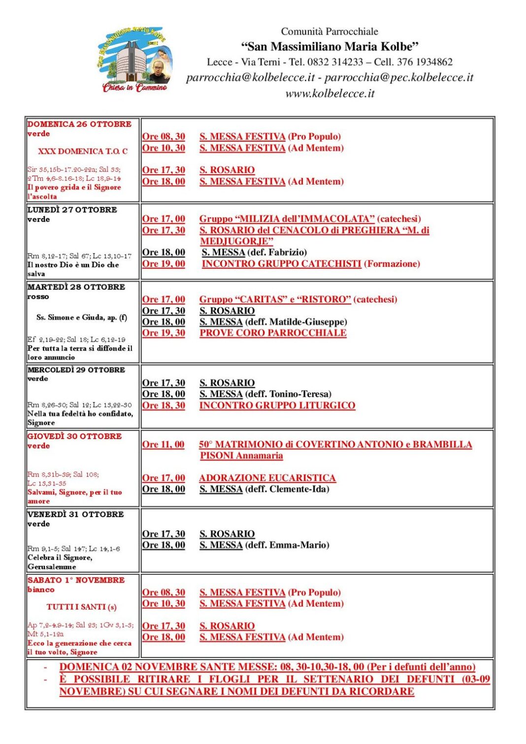 CALENDARIO LITURGICO: