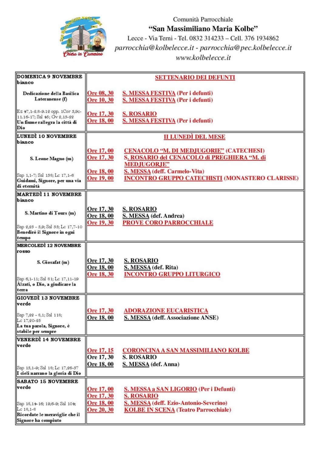 CALENDARIO LITURGICO: