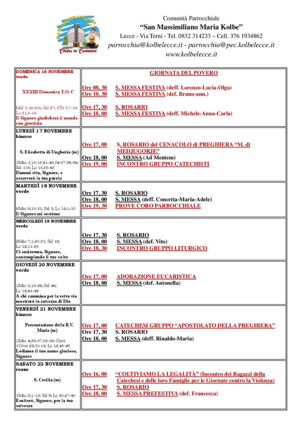 CALENDARIO LITURGICO: