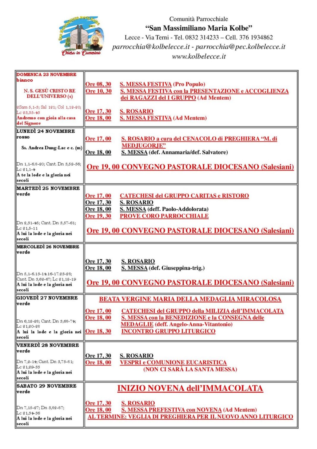 CALENDARIO LITURGICO: