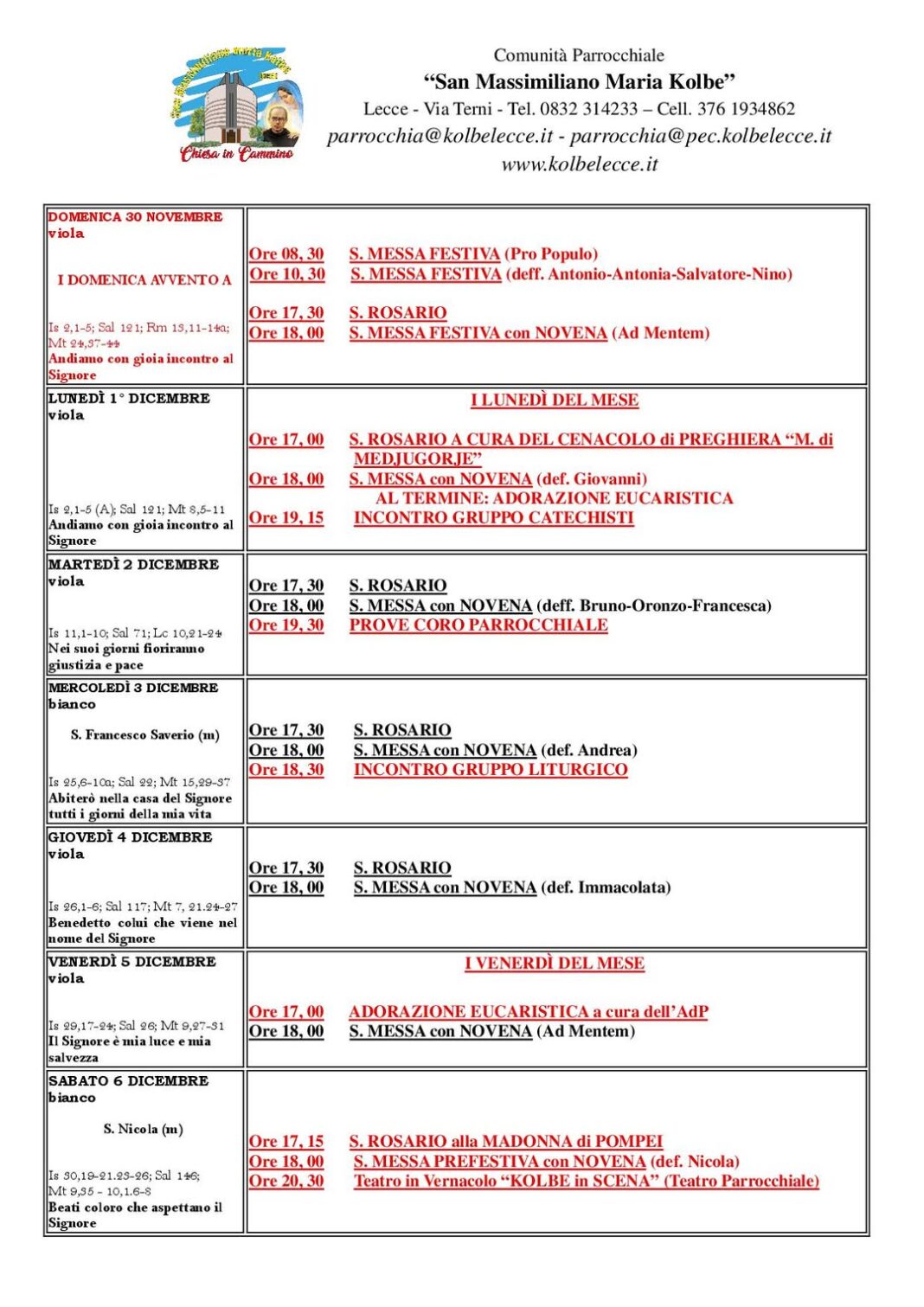 CALENDARIO LITURGICO: