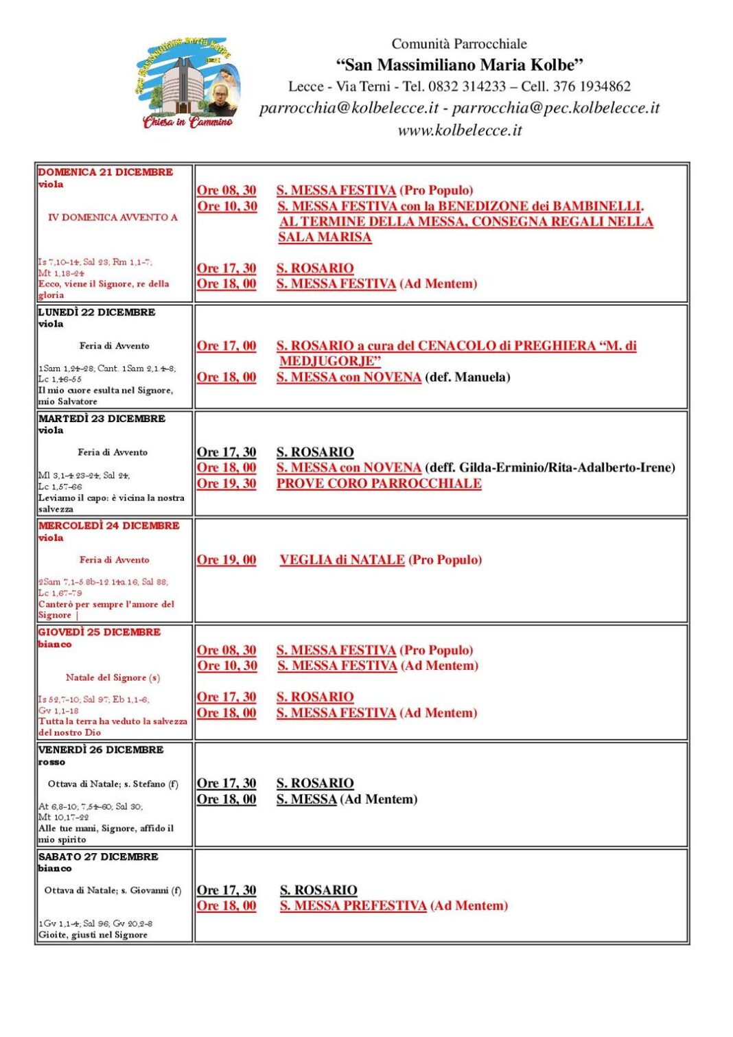 CALENDARIO LITURGICO: