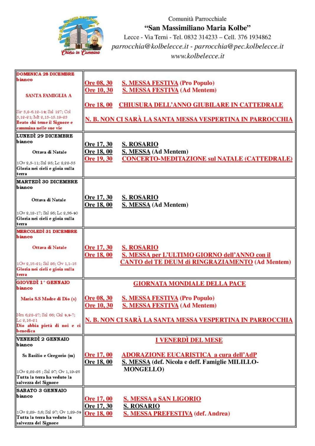 CALENDARIO LITURGICO: