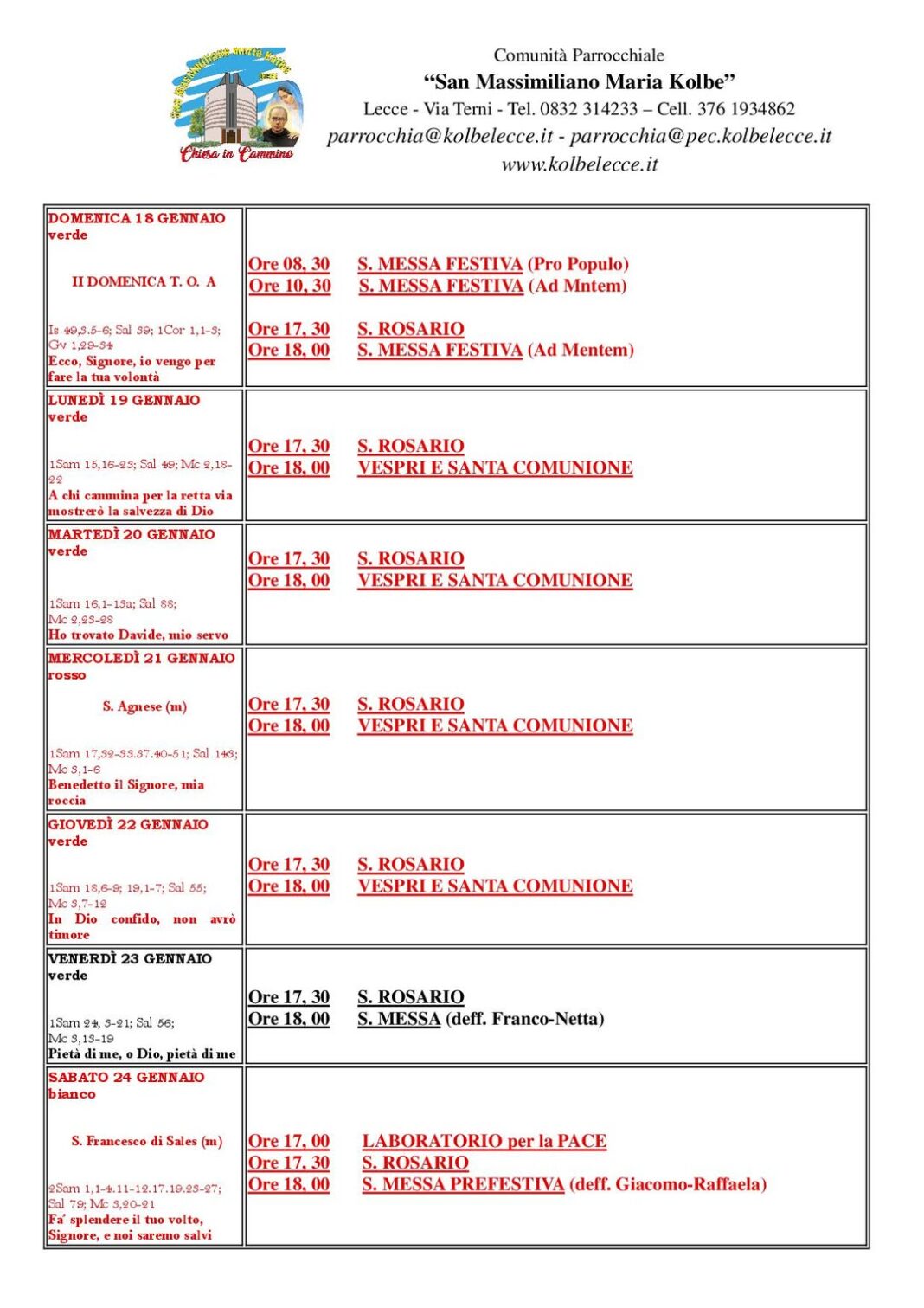 CALENDARIO LITURGICO: