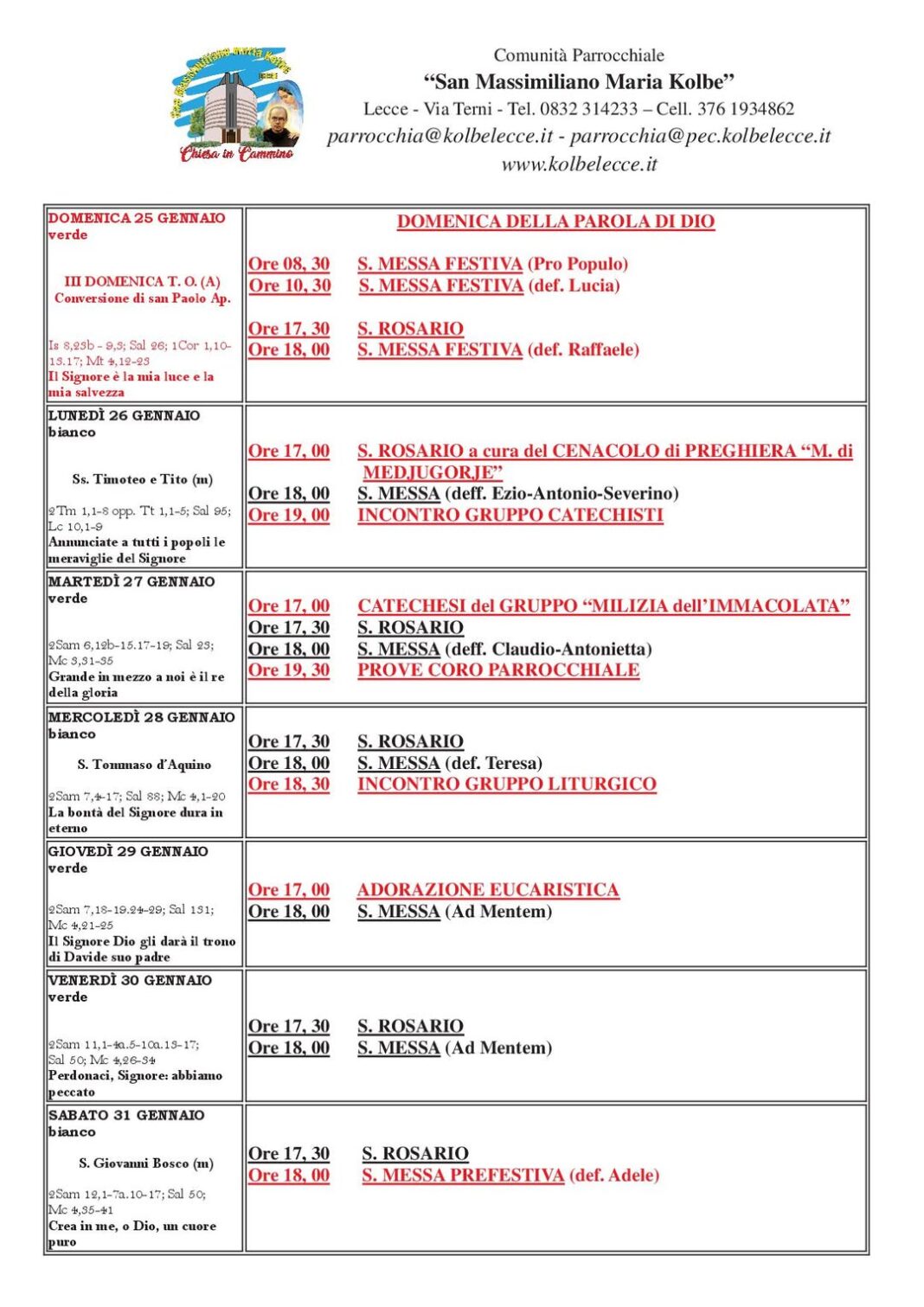 CALENDARIO LITURGICO: