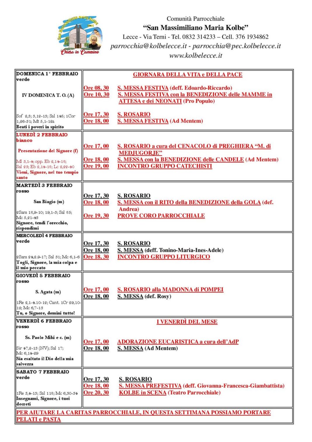 CALENDARIO LITURGICO-PASTORALE: