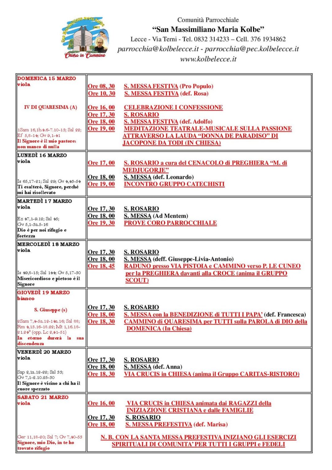 CALENDARIO LITURGICO-PASTORALE: