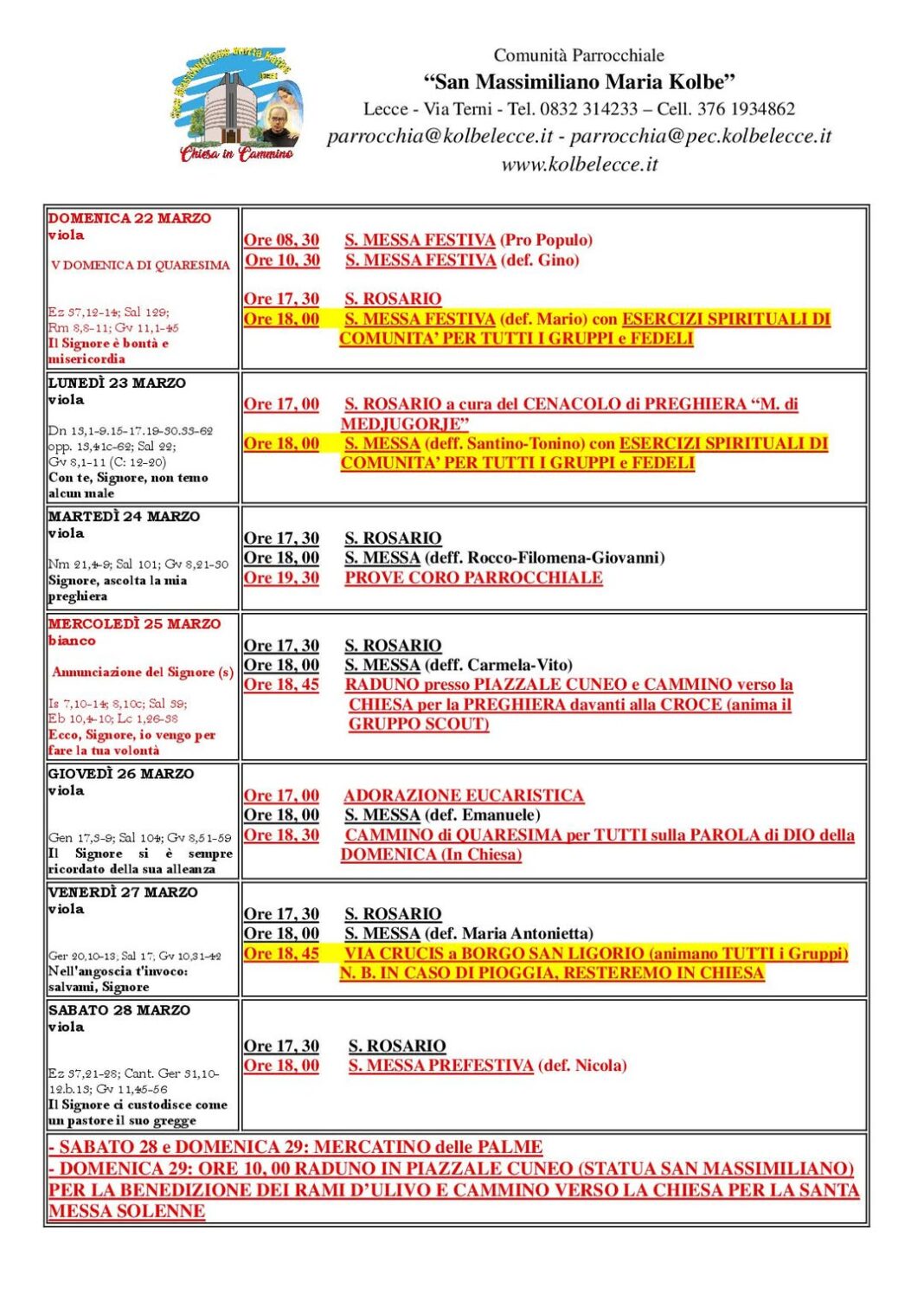 CALENDARIO LITURGICO-PASTORALE: