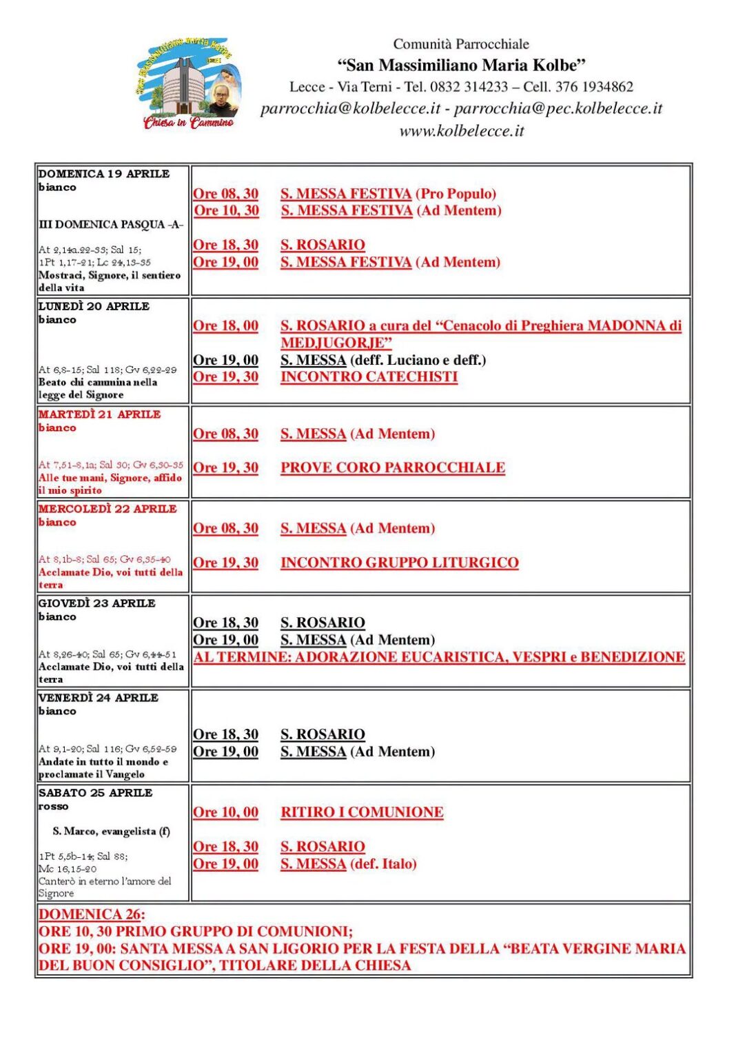 CALENDARIO LITURGICO-PASTORALE: