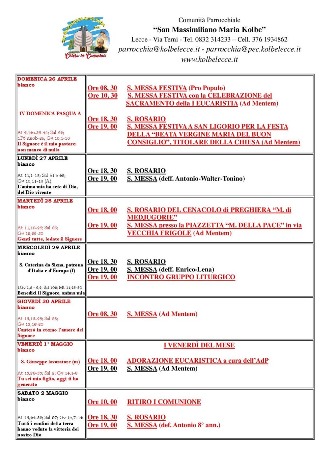 CALENDARIO LITURGICO-PASTORALE: