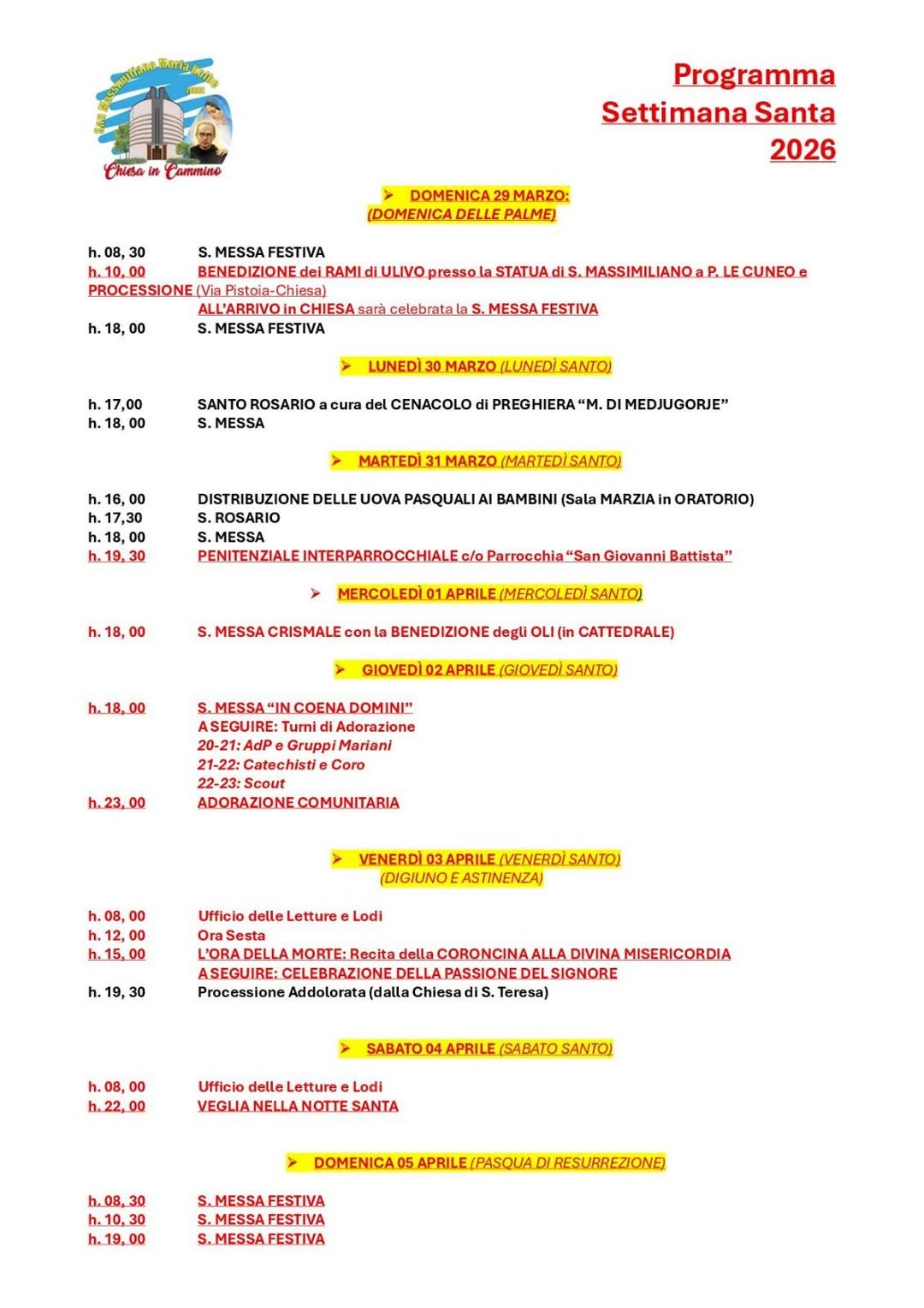 PROGRAMMA LITURGICO-PASTORALE DELLA SETTIMANA SANTA