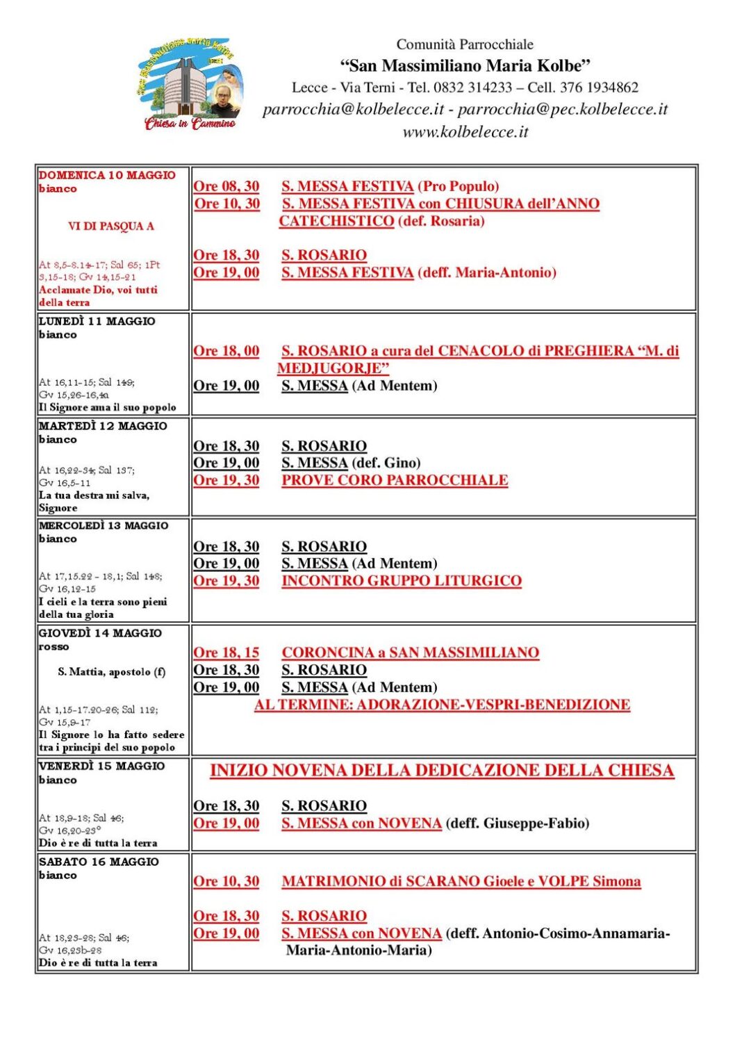 CALENDARIO LITURGICO-PASTORALE: