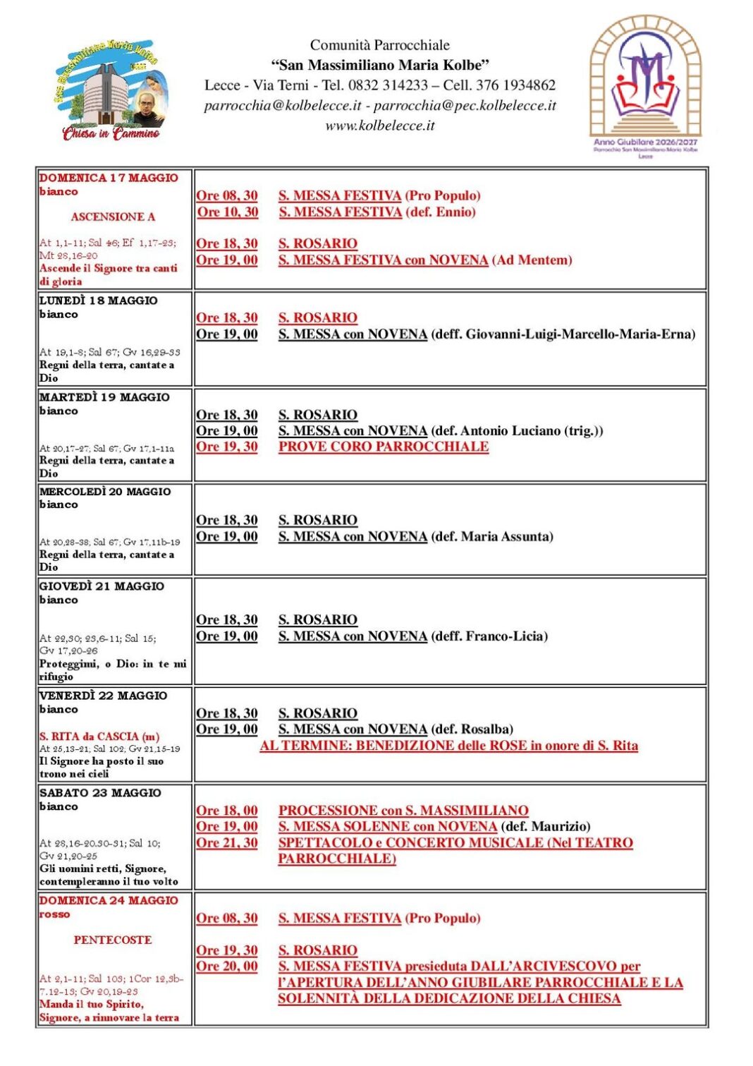 CALENDARIO LITURGICO-PASTORALE: