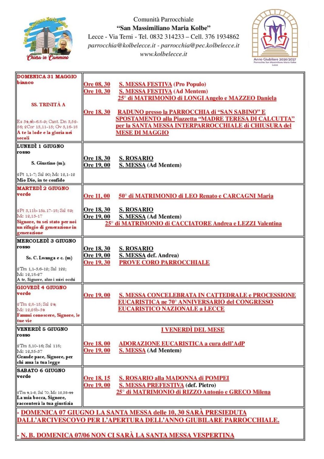 CALENDARIO LITURGICO-PASTORALE: