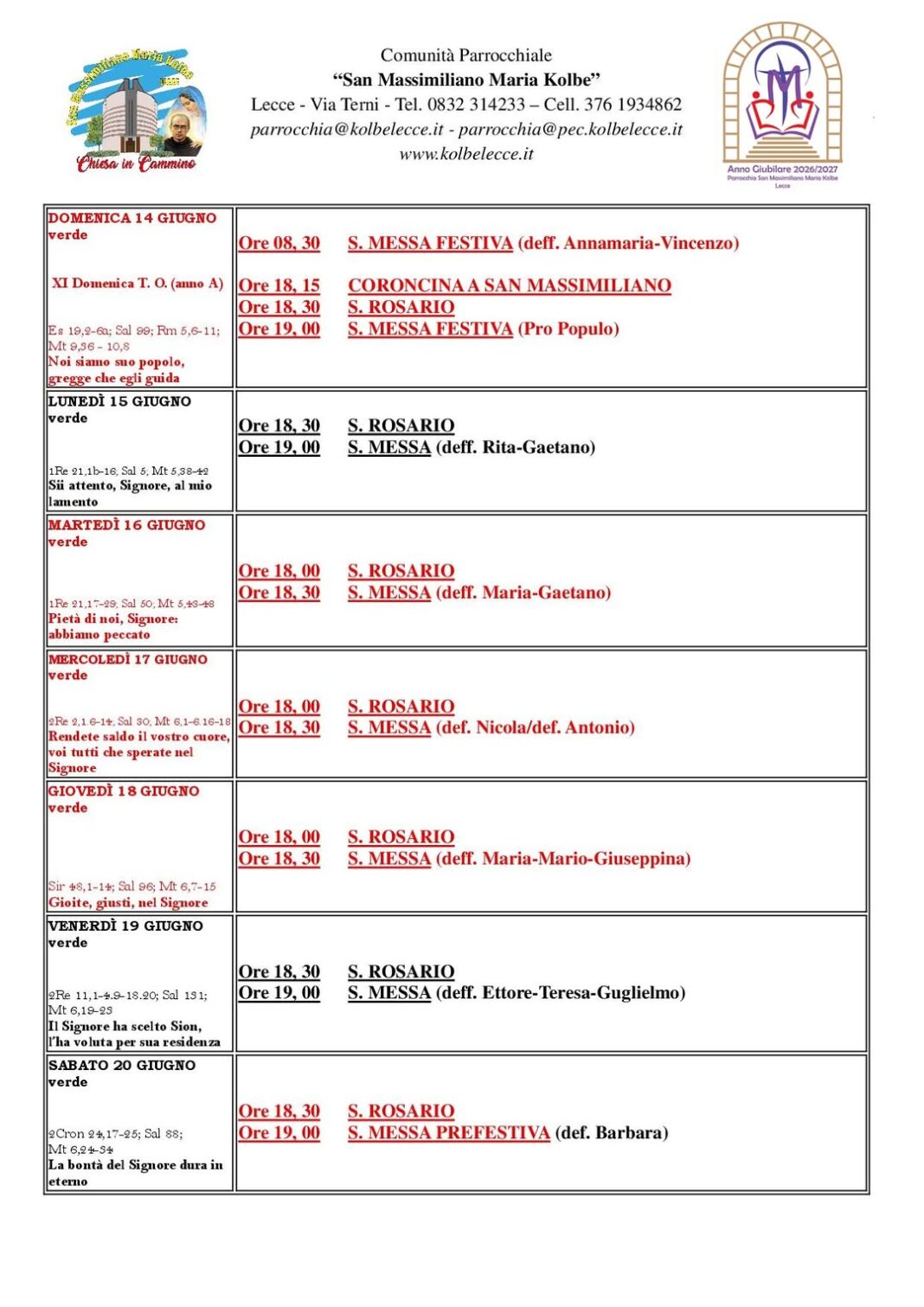CALENDARIO LITURGICO-PASTORALE:
